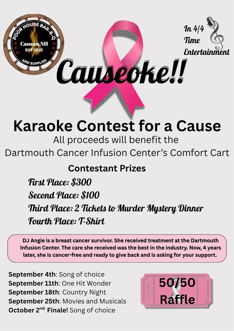 Causeoke — Karaoke Contest for a Cause at Poor House Bar-B-Q, Canaan NH. Five Fridays, September 4 through October 2, 2026. Prizes: $300 first place, $100 second, two murder mystery dinner tickets third, T-shirt fourth. All proceeds benefit the Dartmouth Cancer Infusion Center's Comfort Cart.